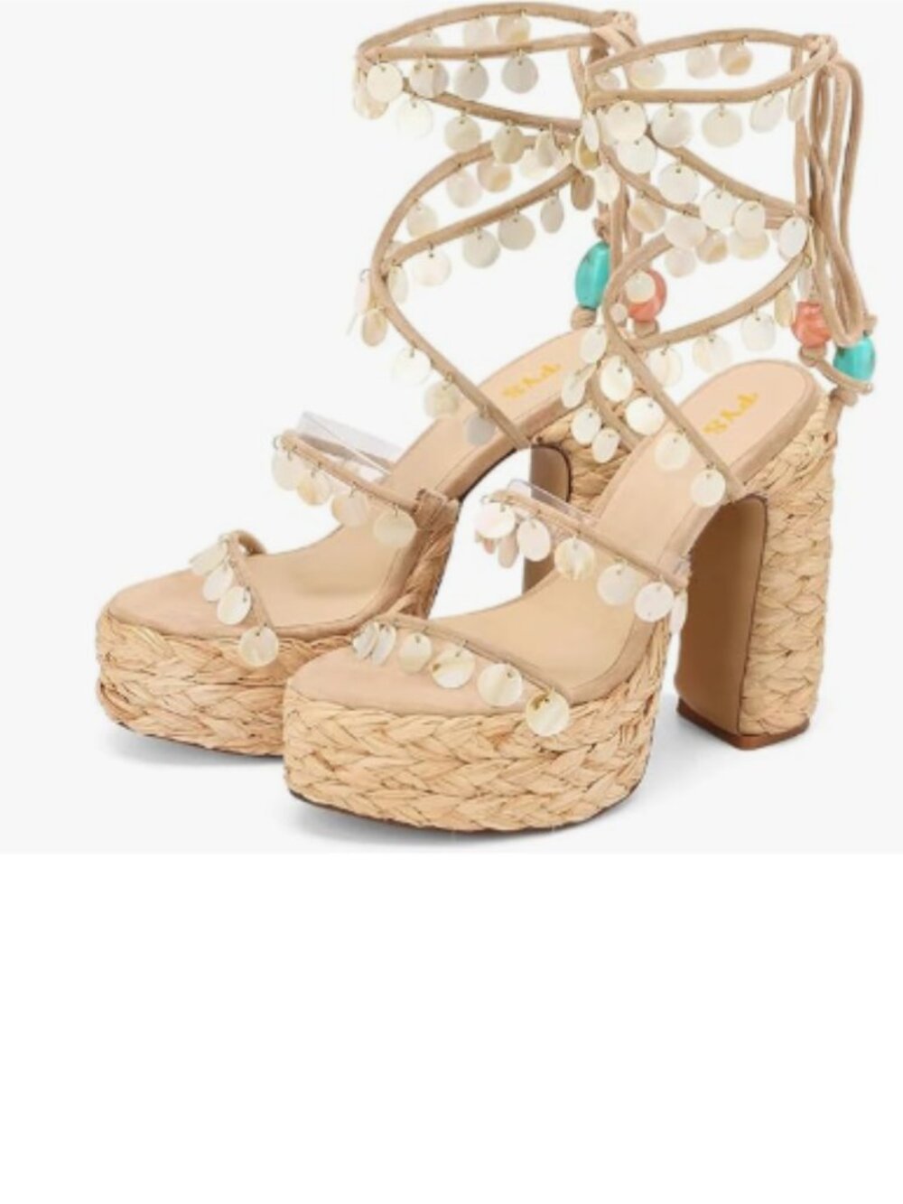 FYS Beige Platform Sandals Shell Embellishemnt Block High Heels Lace Up Shoes
